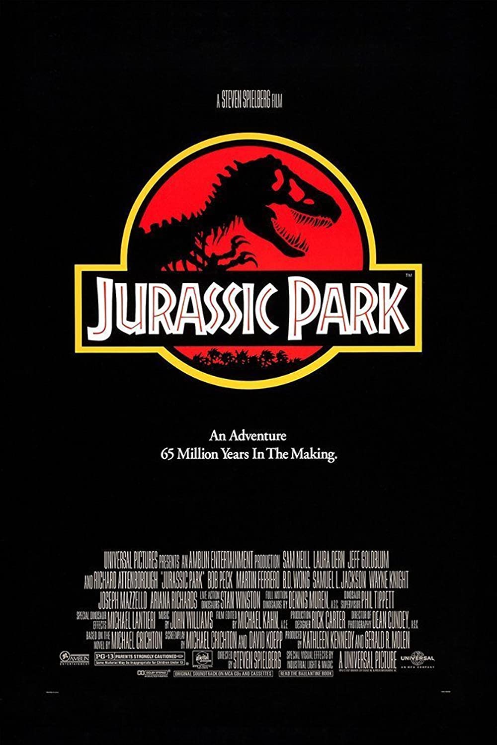 Poster de la pelicula Jurassic Park donde se observa el esqueleto de un dinosaurio