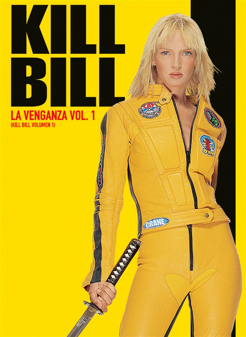 Poster de la pelicula Kill Bill donde se observa a una mujer con un traje amarillo y una espada en su mano