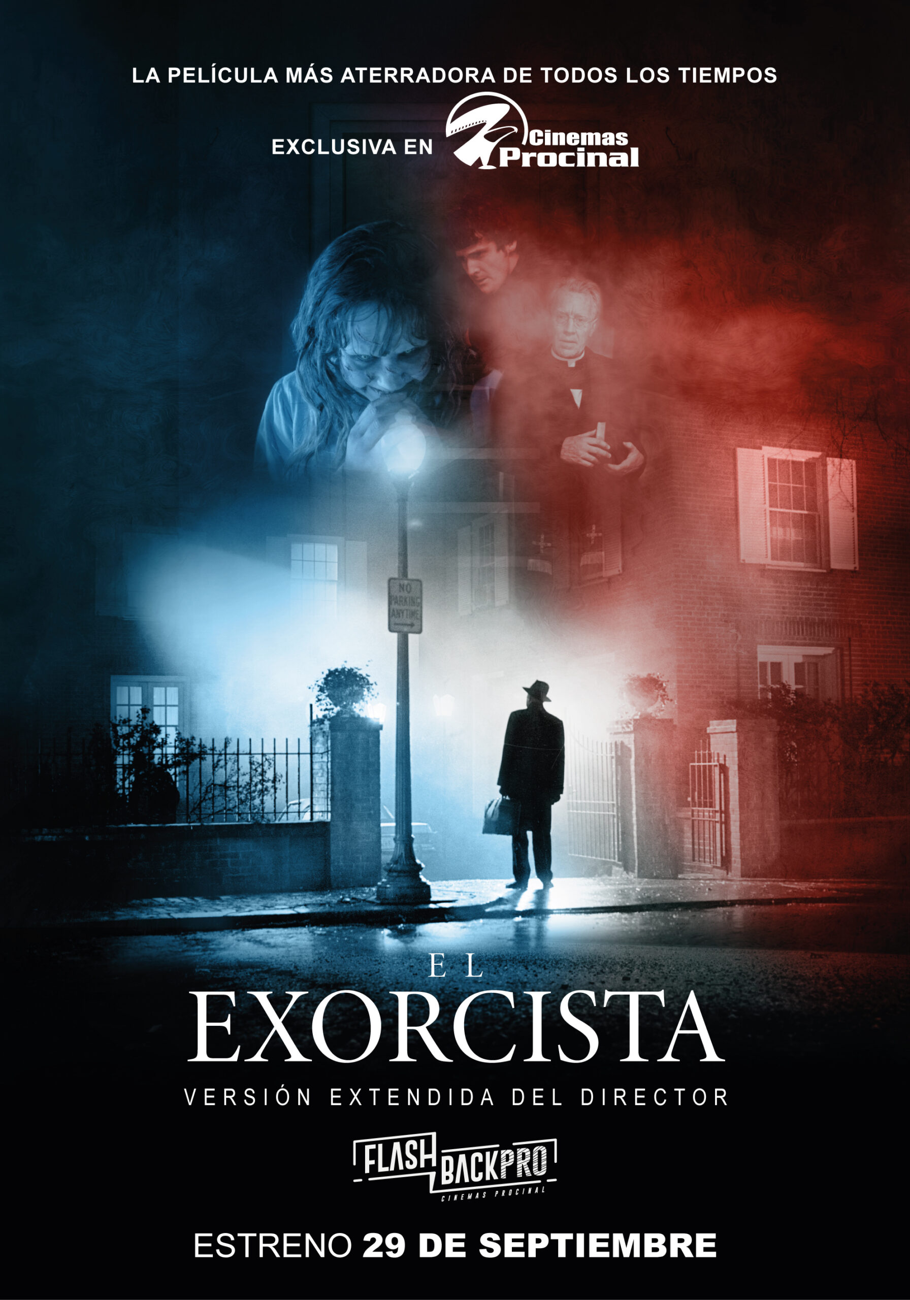 Poster de la pelicula El exorcista donde se observa un hombre de traje a la entrada de una casa